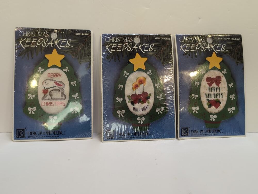Lot Of 3 Painted Wood Tree Counted Cross Stitch New Happy Holidays Bunny Candles